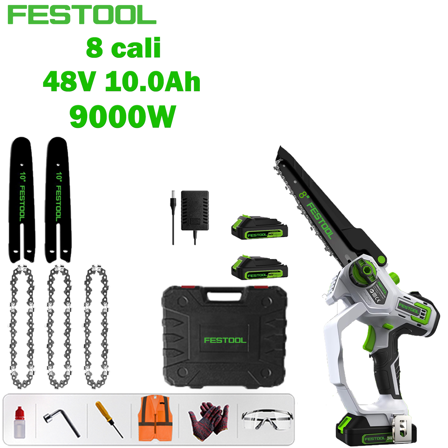 [Najnowsza bezszczotkowa piła łańcuchowa litowa Festool] 8-calowy model podstawowy: silnik bezszczotkowy 9000 W + akumulator litowy 48 V 10,0 Ah * 1, jeden akumulator może wytrzymać 15 godzin + płyta prowadząca * 2 + łańcuch * 3 + skrzynka narzędziowa + torba na bezpieczne materiały robocze (okulary , rękawice itp.) + ładowarka z funkcją szybkiego ładowania + 5 lat gwarancji