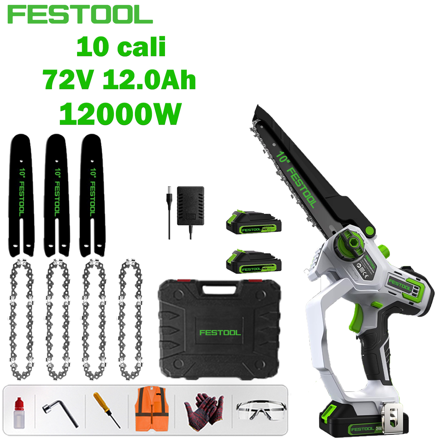 [Najnowsza bezszczotkowa piła łańcuchowa litowo-jonowa Festool] 10-calowy model podstawowy: silnik bezszczotkowy o mocy 12 000 W + akumulator litowy 72 V 12,0 Ah * 2, jeden akumulator wystarcza na 18 godzin + płyta prowadząca * 3 + łańcuch * 4 + skrzynka narzędziowa + bezpieczna torba na narzędzia ( okulary, rękawiczki itp.) + ładowarka z szybkim ładowaniem + 7 lat gwarancji