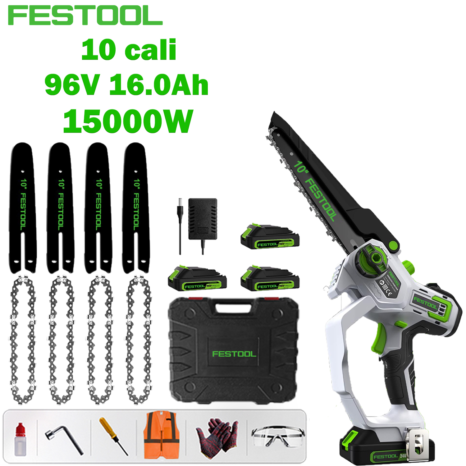 [Najnowsza bezszczotkowa piła łańcuchowa litowa Festool] 10-calowy model podstawowy: silnik bezszczotkowy 15000 W + akumulator litowy 96 V 16,0 Ah * 3, jeden akumulator może wytrzymać 24 godziny + płyta prowadząca * 4 + łańcuch * 4 + skrzynka narzędziowa + bezpieczna torba na narzędzia robocze (okulary , rękawice itp.) + ładowarka z funkcją szybkiego ładowania + 10 lat gwarancji