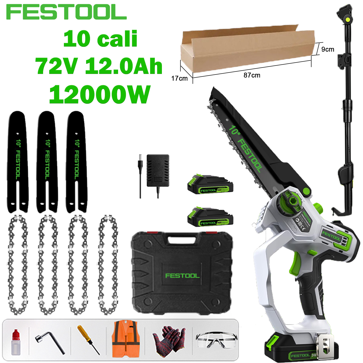 [Najnowsza bezszczotkowa piła łańcuchowa litowo-jonowa Festool] 10-calowy model wysięgnika: silnik bezszczotkowy 12 000 W + akumulator litowy 72 V 12,0 Ah * 2, jeden akumulator wystarcza na 18 godzin + płyta prowadząca * 3 + łańcuch * 4 + skrzynka narzędziowa + bezpieczna torba robocza na prezenty (okulary, rękawiczki itp.) + ładowarka z szybkim ładowaniem + 7 lat gwarancji + teleskopowy drążek przedłużający 1,5 m-2,5 m